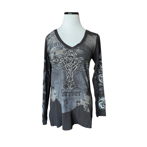 Vintage Y2K Gothic Fairy Grunge Cross Wings Graphic Bling Top Size XL Black Rib - Picture 7 of 11